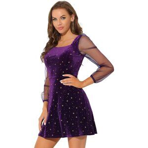 Women's Mesh Sheer Sleeve Sparkly Party Glitter Star Metallic Velvet Dress